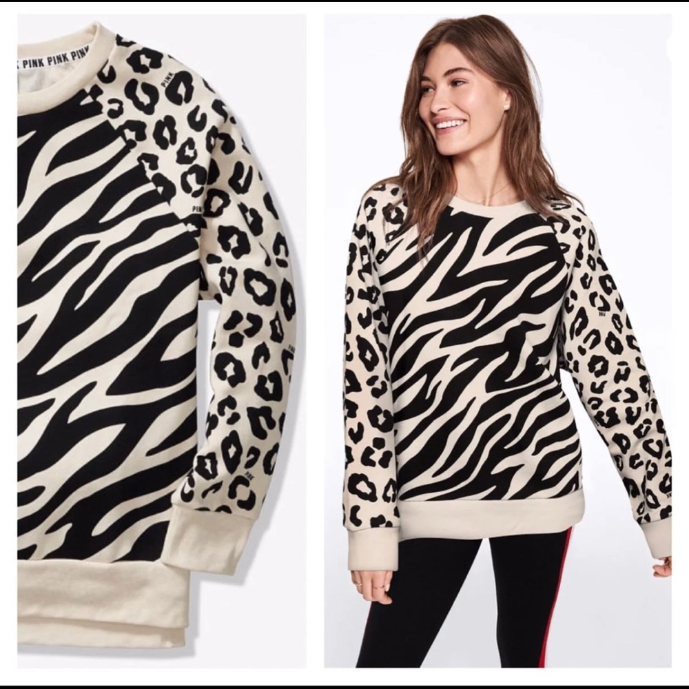 VS PINK neutral tone & black zebra/leopard oversized crew neck sweatshirt.